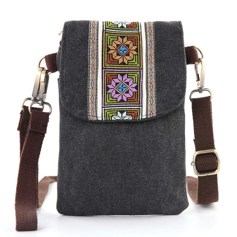 SILKAREA Vintage Embroidered Canvas Flip Small Crossbody Bag Cell Phone Pouch for Women Wristlet Wallet Bag Coin Purse (Black) - Image 2